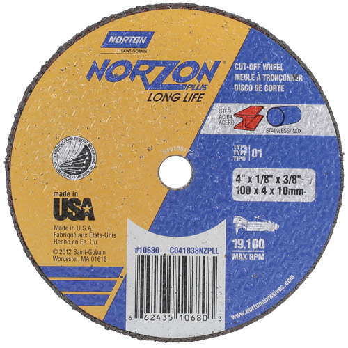 NorZon Plus SGZ CA Small Diameter Cut-Off Wheel, 4" x 1/8", 3/8" Arbor, Type 01/41, Ceramic Alumina, 19100 RPM Waymarc Industries Inc