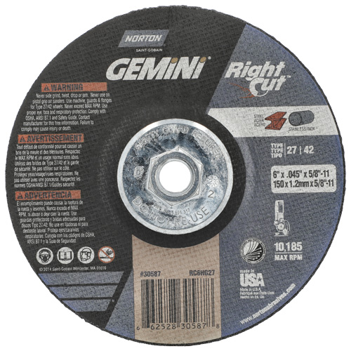 Meule &agrave; tronçonner pour coupe &agrave; angle droit RightCut Gemini, 6" x 0,045", Arbre de 5/8"-11, Type 27/42, Oxyde d'aluminium, 10185 Tr/min Waymarc Industries Inc