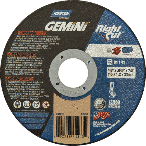 Gemini RightCut Right Angle Cut-Off Wheel, 4-1/2" x 0.045", 7/8" Arbor, Type 01/41, Aluminum Oxide, 13580 RPM Waymarc Industries Inc