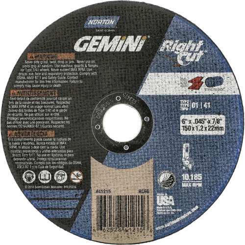 Meule &agrave; tronçonner pour coupe &agrave; angle droit RightCut Gemini, 6" x 0,045", Arbre de 7/8", Type 01/41, Oxyde d'aluminium, 10185 Tr/min Waymarc Industries Inc