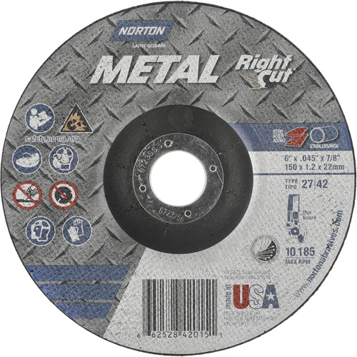 Meule &agrave; tronçonner m&eacute;tallique pour coupe &agrave; angle droit RightCut, 6" x 0,045", Arbre de 7/8", Type 27/42, Oxyde d'aluminium, 10190 Tr/min Waymarc Industries Inc
