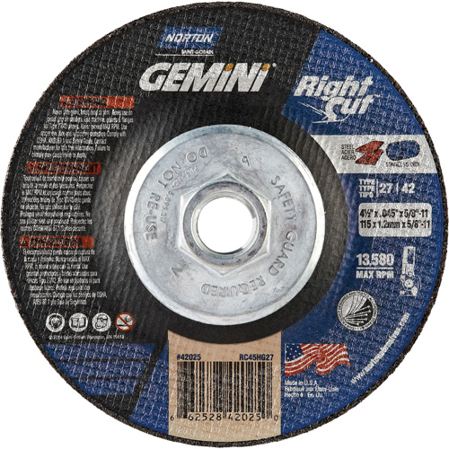 Meule &agrave; tronçonner pour coupe &agrave; angle droit RightCut Gemini, 4-1/2" x 0,045", Arbre de 5/8"-11, Type 27/42, Oxyde d'aluminium, 13580 Tr/min Waymarc Industries Inc