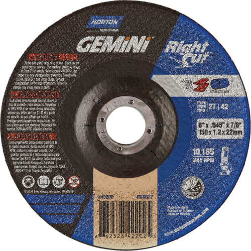 Meule &agrave; tronçonner pour coupe &agrave; angle droit RightCut Gemini, 6" x 0,045", Arbre de 7/8", Type 27/42, Oxyde d'aluminium, 10185 Tr/min Waymarc Industries Inc