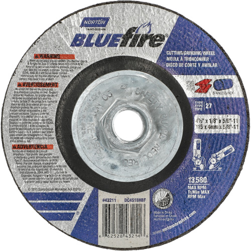Disque de meulage et tronçonnage BlueFire, 4-1/2" x 1/8", Arbre de 5/8"-11, Type 27, Alumine de zirconium Waymarc Industries Inc