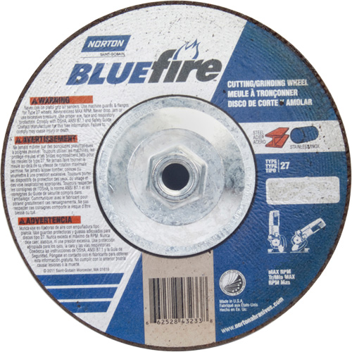 BlueFire Grinding & Cutting Wheel, 7" x 1/8", 5/8"-11 Arbor, Type 27, Zirconia Alumina Waymarc Industries Inc