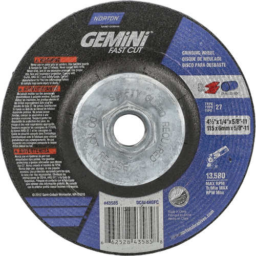 Meule Gemini, 4-1/2" x 1/4", Arbre 5/8"-11, Oxyde d'aluminium, Type 27 Waymarc Industries Inc