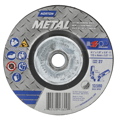 Disque de meulage et tronçonnage m&eacute;tallique, 4-1/2" x 1/8", Arbre de 5/8"-11, Type 27, Oxyde d'aluminium Waymarc Industries Inc