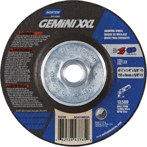 Meule XXL Gemini, 4-1/2" x 1/4", Arbre 5/8"-11, Oxyde d'aluminium, Type 27 Waymarc Industries Inc
