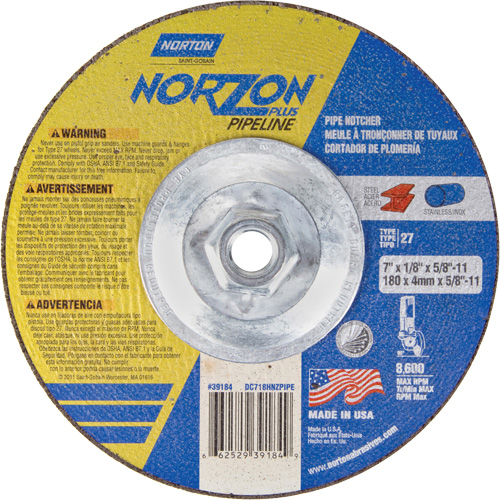 NorZon Plus SGZ Right Angle Cut-Off Wheel, 7" x 1/8", 5/8"-11 Arbor, Type 27/42, Ceramic Alumina, 8600 RPM Waymarc Industries Inc