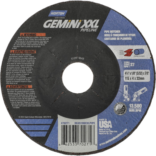 Gemini XXL Grinding & Cutting Wheel, 4-1/2" x 1/8", 7/8" Arbor, Type 27, Aluminum Oxide Waymarc Industries Inc