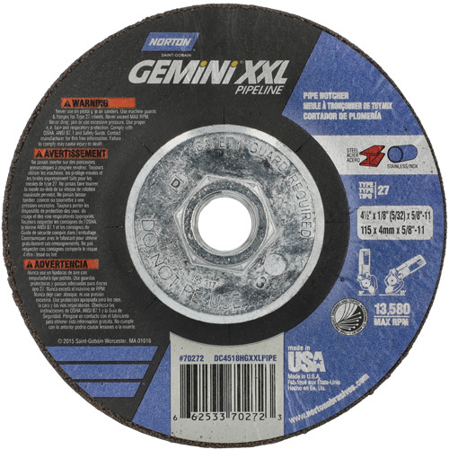 Disque combin&eacute; de meulage et tronçonnage Gemini XXL, 4-1/2" x 1/8", Arbre de 5/8"-11, Type 27, Oxyde d'aluminium Waymarc Industries Inc