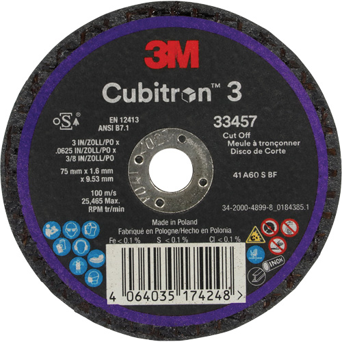 Cubitron 3 Cut-Off Wheel, 3" x 0.063", 3/8" Arbor, Ceramic Waymarc Industries Inc