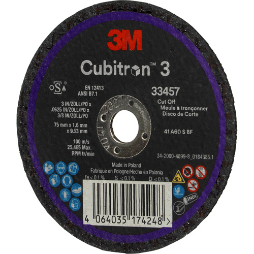 Cubitron 3 Cut-Off Wheel, 3" x 0.063", 3/8" Arbor, Ceramic Waymarc Industries Inc