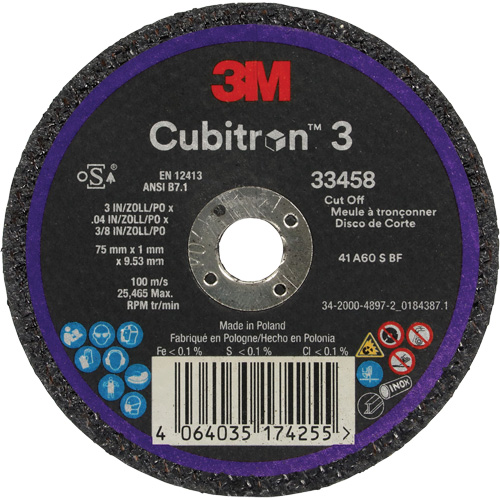Cubitron 3 Cut-Off Wheel, 3" x 0.039", 3/8" Arbor, Ceramic Waymarc Industries Inc