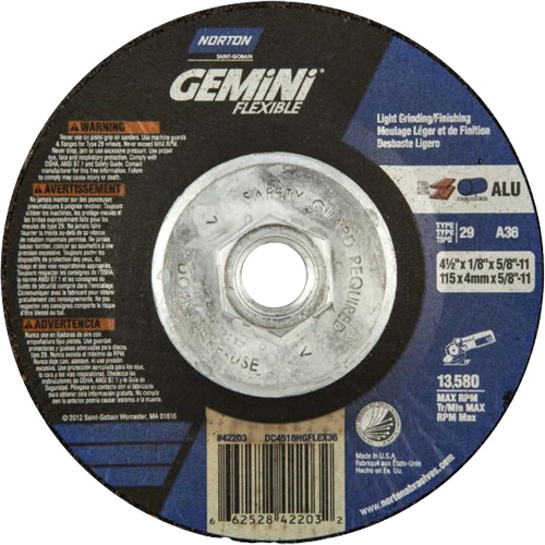 Gemini Flexible A AO Grinding and Cutting Wheel, 4-1/2" x 1/8", 5/8"-11 Arbor, Type 29, Aluminum Oxide, 13580 RPM Waymarc Industries Inc