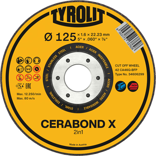 CERABOND X Cut-Off Wheel for Steel & Stainless Steel, 5" x 0.45", 7/8" Arbor, Type 1, Ceramic, 12250 RPM Waymarc Industries Inc