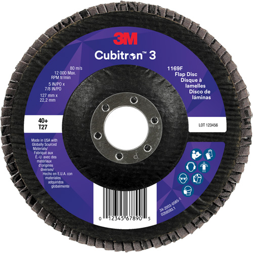 Cubitron 3 Flat Flap Disc 1169F, 5" x 7/8", Type T27, 40+ Grit, Ceramic Waymarc Industries Inc