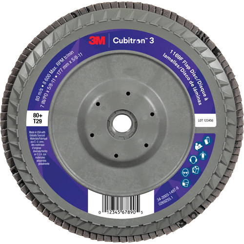 Disque &agrave; lamelles plate 1169F Cubitron 3, 7" x 5/8"-11, Type T29, Grain 80+, C&eacute;ramique Waymarc Industries Inc