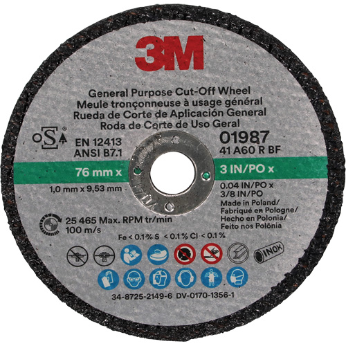 General Purpose Cut-Off Wheel, 01987, 3" x 0.04"/1/32", 3/8" Arbor, Aluminum Oxide Waymarc Industries Inc