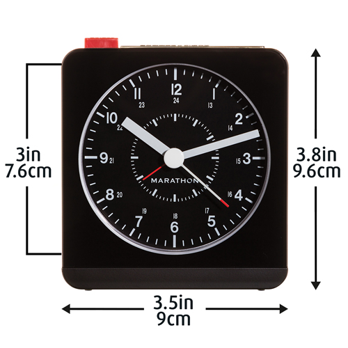 Desk Alarm Clock, Analog, Battery Operated, 3.5" W x 1.5" D x 3.75" H, Black Waymarc Industries Inc