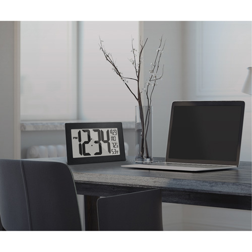 Self-Setting & Self-Adjusting Wall Clock with Stand, Digital, Battery Operated, Black Waymarc Industries Inc