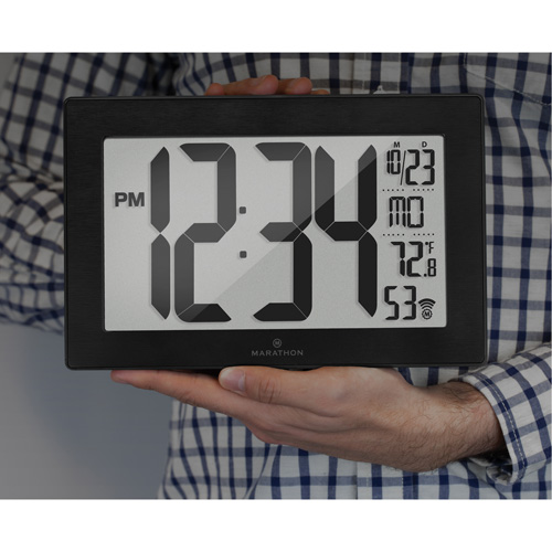 Self-Setting & Self-Adjusting Wall Clock with Stand, Digital, Battery Operated, Black Waymarc Industries Inc