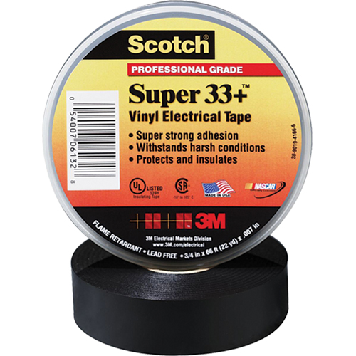 Scotch&reg; Super 33 Tape, 19 mm (3/4") x 20.1 m (66'), Black, 7 mils Waymarc Industries Inc