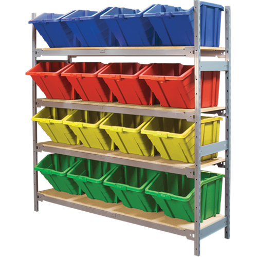 Wide Span Shelving with Jumbo Plastic Bins, Steel, Boltless, 800 lbs. Capacity, 66" W x 72" H x 18" D Waymarc Industries Inc