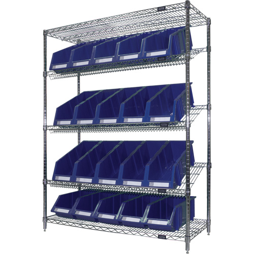 Slanted Wire Shelf with Bins, 5 Tiers, 48" W x 63" H x 18" D Waymarc Industries Inc