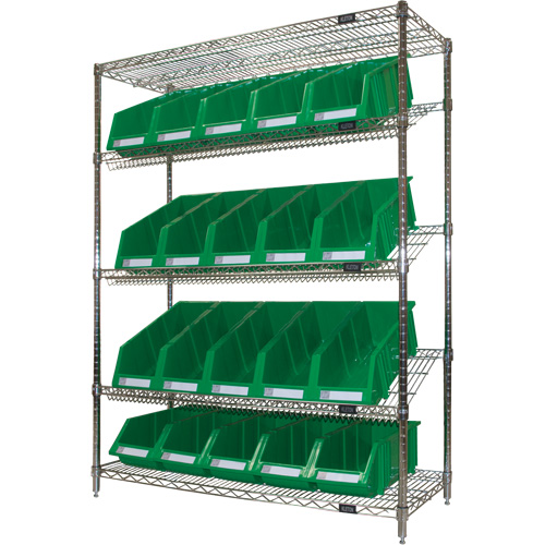 Slanted Wire Shelf with Bins, 5 Tiers, 48" W x 63" H x 18" D Waymarc Industries Inc