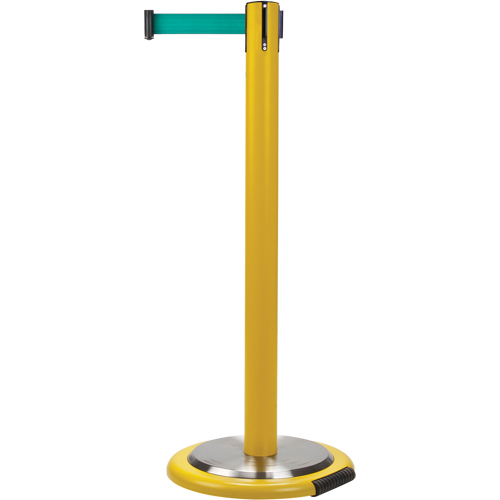 Free-Standing Crowd Control Barrier, Steel, 35" H, Green Tape, 7' Tape Length Waymarc Industries Inc
