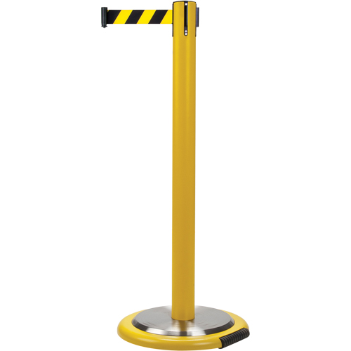 Free-Standing Crowd Control Barrier, Steel, 35" H, Black/Yellow Tape, 7' Tape Length Waymarc Industries Inc