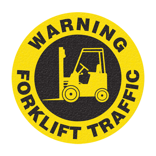 Panneau de signalisation au sol  Warning Forklift Traffic , Adh&eacute;sif, Anglais avec pictogramme Waymarc Industries Inc