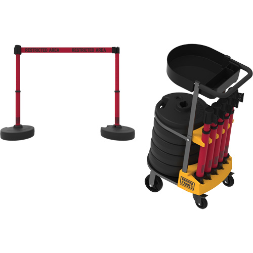 PLUS Barrier Post Cart Kit with Tray, 75' L, Metal, Red Waymarc Industries Inc