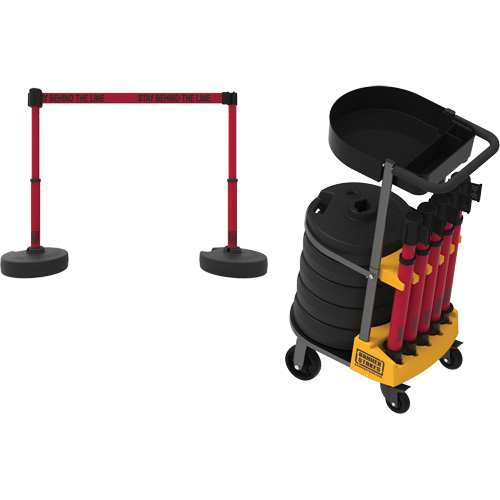 PLUS Barrier Post Cart Kit with Tray, 75' L, Metal, Red Waymarc Industries Inc
