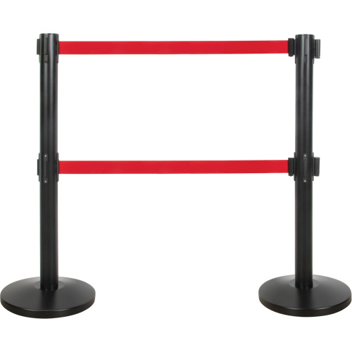 Dual Belt Crowd Control Barrier, Steel, 35" H, Red Tape, 7' Tape Length Waymarc Industries Inc
