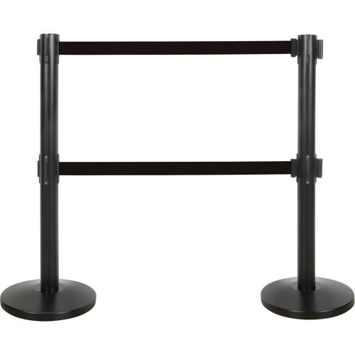 Dual Belt Crowd Control Barrier, Steel, 35" H, Black Tape, 7' Tape Length Waymarc Industries Inc