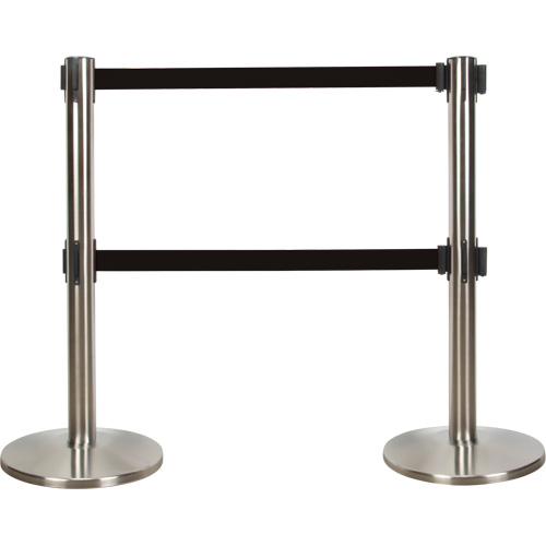 Dual Belt Crowd Control Barrier, Steel, 35" H, Black Tape, 7' Tape Length Waymarc Industries Inc