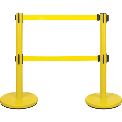 Dual Belt Crowd Control Barrier, Steel, 35" H, Yellow Tape, 7' Tape Length Waymarc Industries Inc