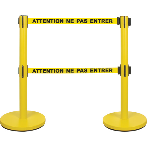 Dual Belt Crowd Control Barrier, Steel, 35" H, Yellow Tape, 7' Tape Length Waymarc Industries Inc
