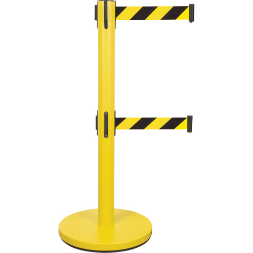 Dual Belt Crowd Control Barrier, Steel, 35" H, Black/Yellow Tape, 7' Tape Length Waymarc Industries Inc