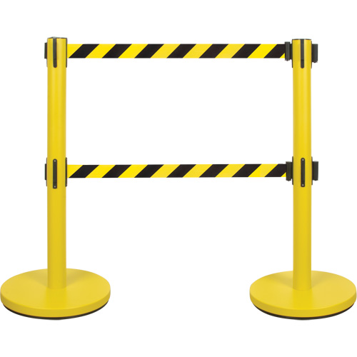 Dual Belt Crowd Control Barrier, Steel, 35" H, Black/Yellow Tape, 7' Tape Length Waymarc Industries Inc