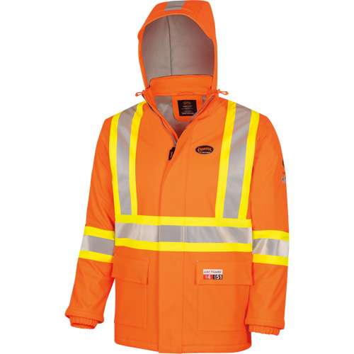 5884 Manteau imperm&eacute;able ignifuge et r&eacute;sistant aux arcs &eacute;lectriques avec capuchon Flash-Gard, Petit, Orange haute visibilit&eacute;, 51 cal/cm² Waymarc Industries Inc