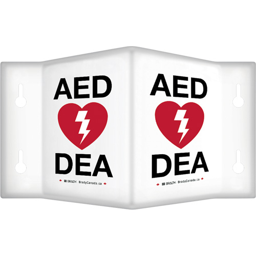 90° Projecting "AED/DEA" Sign, 9" x 6", Plastic, Bilingual with Pictogram Waymarc Industries Inc