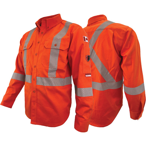 Chandail de travail &agrave; manches longues ignifuge et r&eacute;sistant &agrave; l'arc &eacute;lectrique avec bandes de 2" Atlas Guardian, T-petit, Orange haute visibilit&eacute; Waymarc Industries Inc