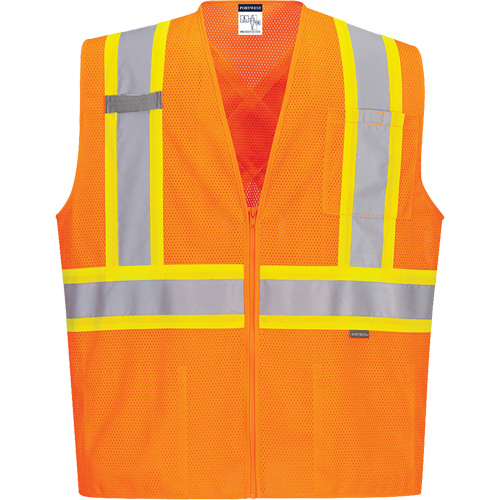 Contrast-Striped Safety Vest, High Visibility Orange, Small, Polyester Waymarc Industries Inc