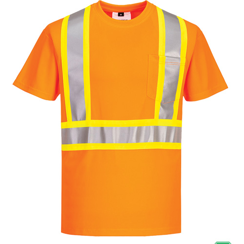 Contrast-Striped Safety T-Shirt, Polyester, Small, High Visibility Orange Waymarc Industries Inc