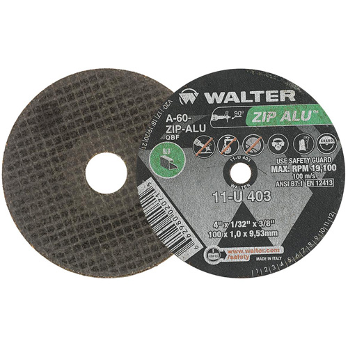ZIP ALU Cutting Wheel, 4" x 1/32", 3/8" Arbor, Type 1, Aluminum Oxide, 19100 RPM Waymarc Industries Inc