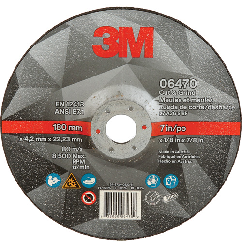 Cut & Grind Wheel, 7" x 1/8", 7/8" Arbor, Type 27, Ceramic Waymarc Industries Inc