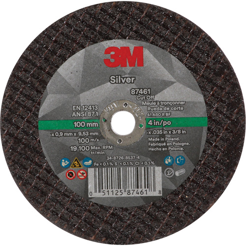 Silver Cut-Off Wheel, 4" x 0.04", 3/8"-24 Arbor, Type 1, Ceramic, 19100 RPM Waymarc Industries Inc